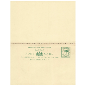 Labuan 1893 3c + 3c reply green p.s. card (ISC P4)